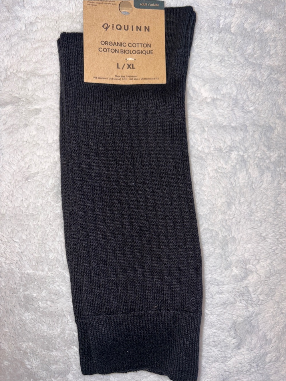 Q for Quinn Black Ribbed Organic Cotton Crew Pair of Socks